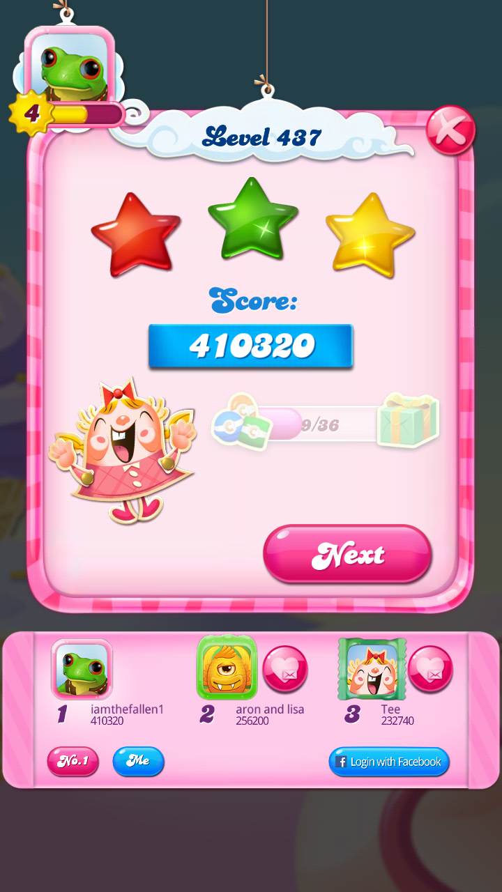 iamthefallen1: Candy Crush Saga: Level 437 (Android) 410,320 points on 2018-08-25 20:02:58