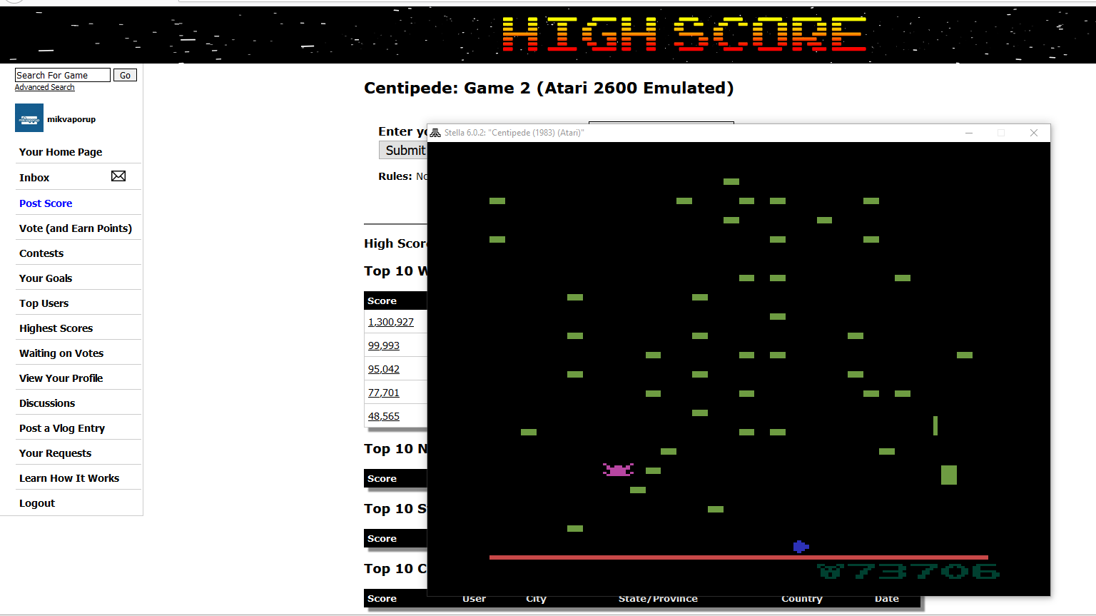 mikvaporup: Centipede: Game 2 (Atari 2600 Emulated) 73,706 points on 2020-02-26 06:30:28