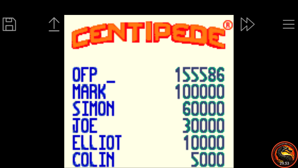 omargeddon: Centipede (Game Boy Color Emulated) 155,586 points on 2020-06-28 11:55:32