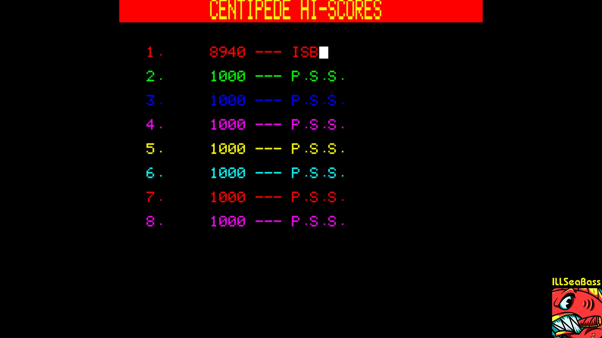 ILLSeaBass: Centipede [PSS] (Oric-1 Emulated) 8,940 points on 2018-01-28 00:41:23