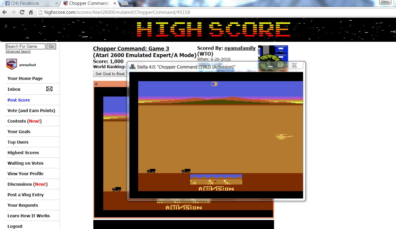 arenafoot: Chopper Command: Game 3 (Atari 2600 Emulated Expert/A Mode) 5,400 points on 2016-06-29 22:36:40