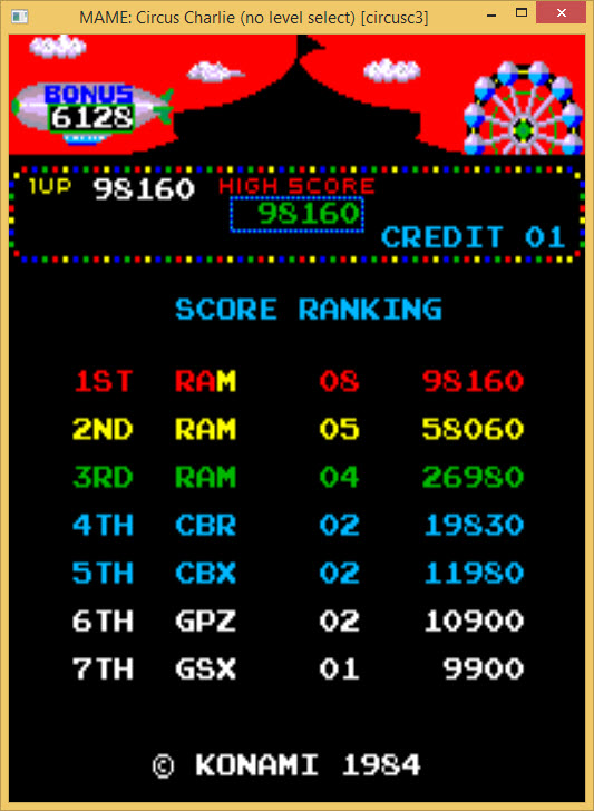 amactx86: Circus Charlie [No Level Select] (Arcade Emulated / M.A.M.E.) 98,160 points on 2015-09-25 14:31:06