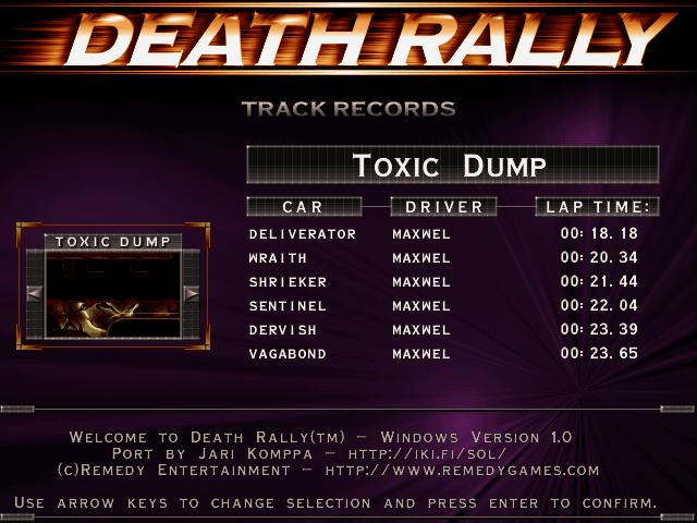 Maxwel: Death Rally [Toxic Dump, Deliverator Car] (PC) 0:00:18.18 points on 2016-03-04 05:41:51