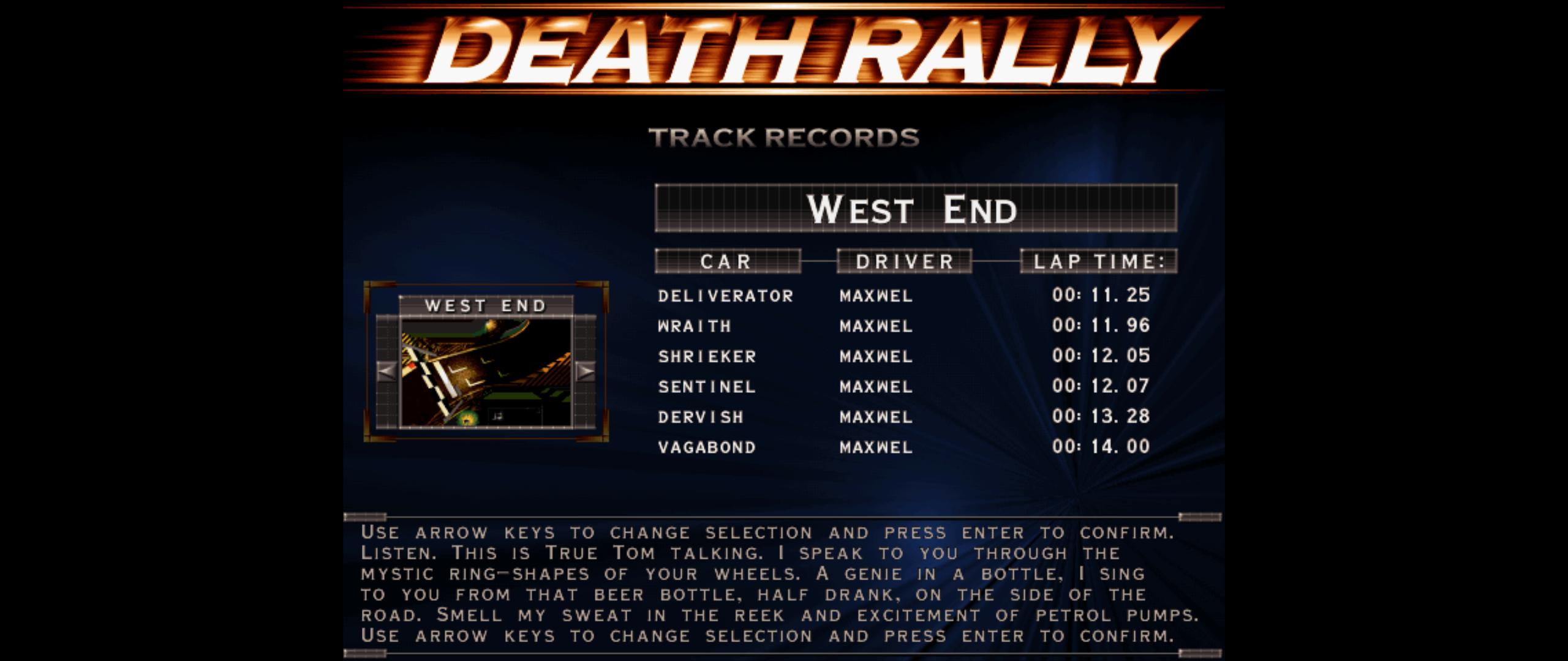 Maxwel: Death Rally [West End, Deliverator Car] (PC) 0:00:11.25 points on 2016-03-04 04:40:08
