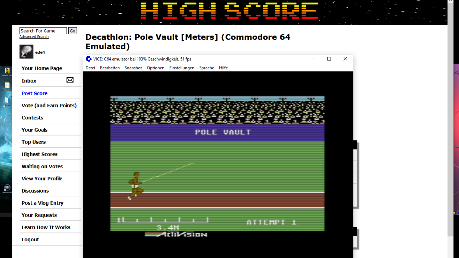 e2e4: Decathlon: Pole Vault [Meters] (Commodore 64 Emulated) 34 points on 2022-05-28 15:13:50