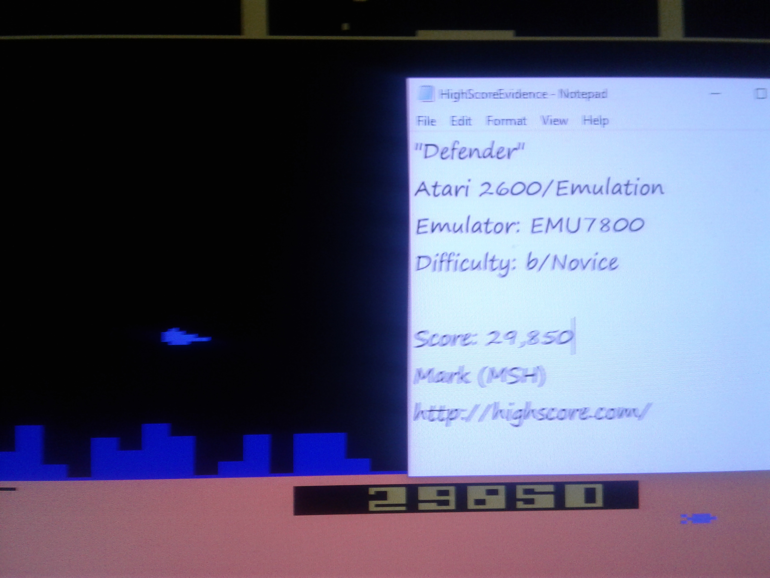 Mark: Defender (Atari 2600 Emulated Novice/B Mode) 29,850 points on 2019-01-26 23:40:08