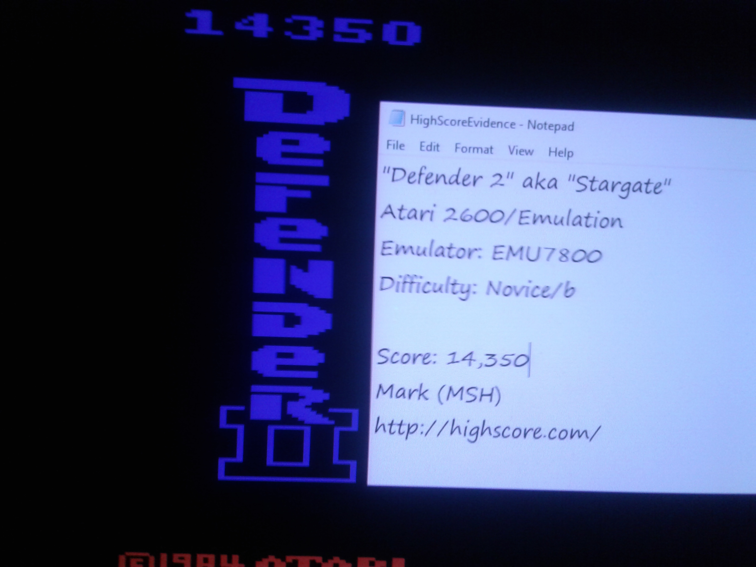 Mark: Defender II / Stargate (Atari 2600 Emulated Novice/B Mode) 14,350 points on 2019-01-27 23:26:32