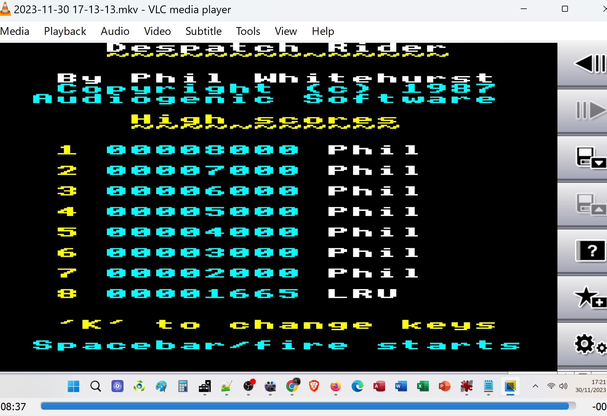 LuigiRuffolo: Despatch Rider (Acorn Electron Emulated) 1,665 points on 2023-11-30 09:40:33