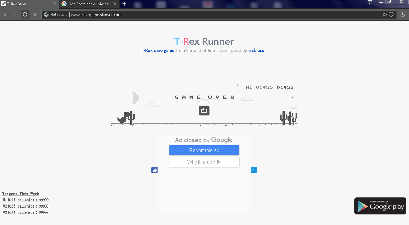 Google Chrome Offline Dinosaur Game