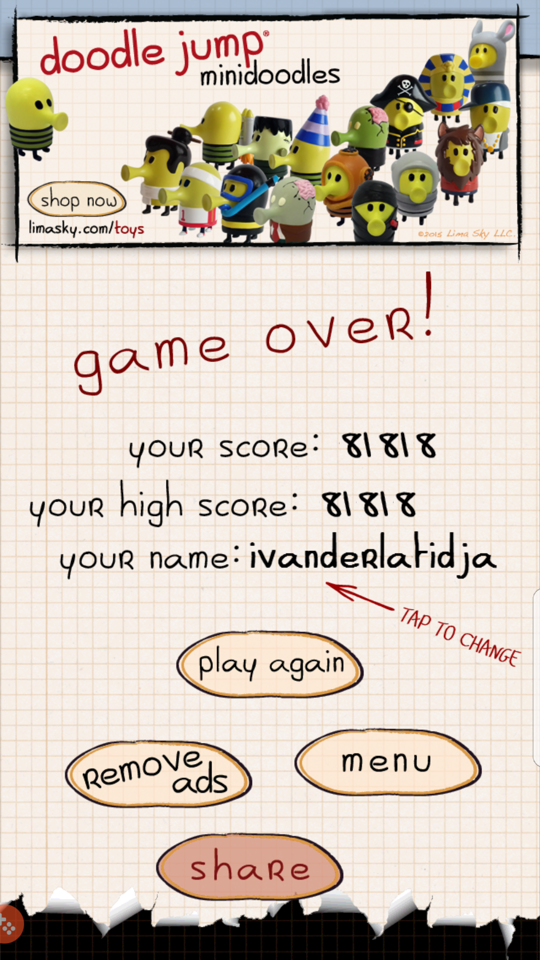 Doodle Jump 2 level 1 High Score 8,564 points 