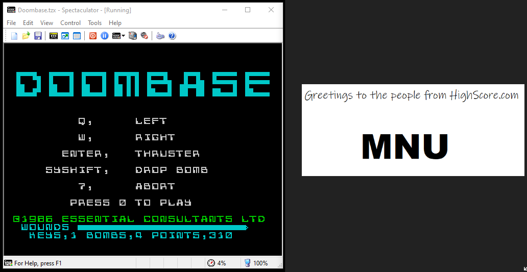 hughes10: Doombase (ZX Spectrum Emulated) 310 points on 2020-06-19 17:34:18