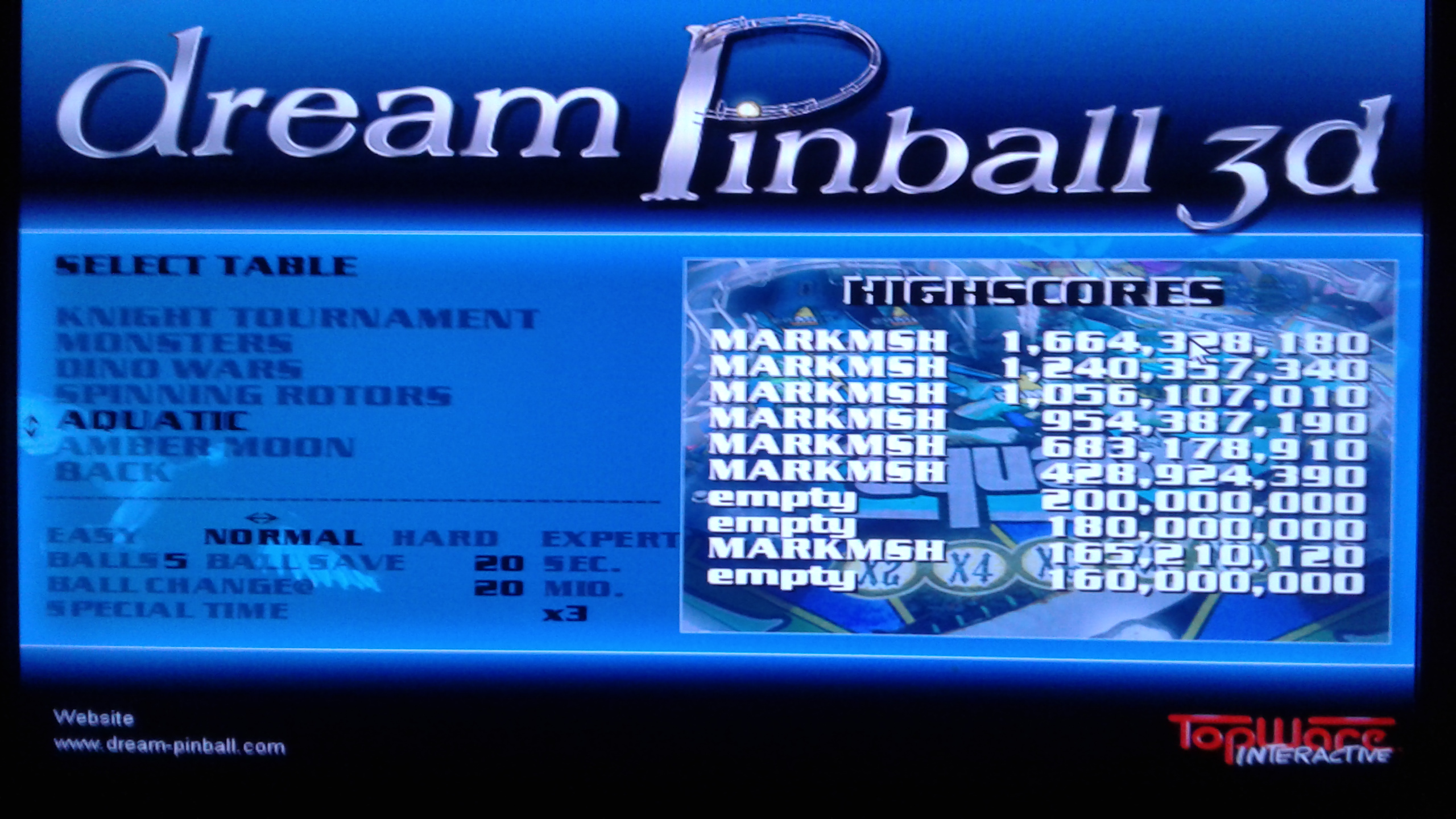 Mark: Dream Pinball 3D: Aquatic [Normal] (PC Emulated / DOSBox) 1,664,328,180 points on 2019-05-19 23:48:22
