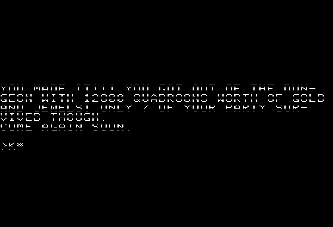 TheTrickster: Dungeon Campaign [[Survivors * 100] + [Quadroons Discovered]] (Apple II Emulated) 13,500 points on 2016-04-11 21:16:40