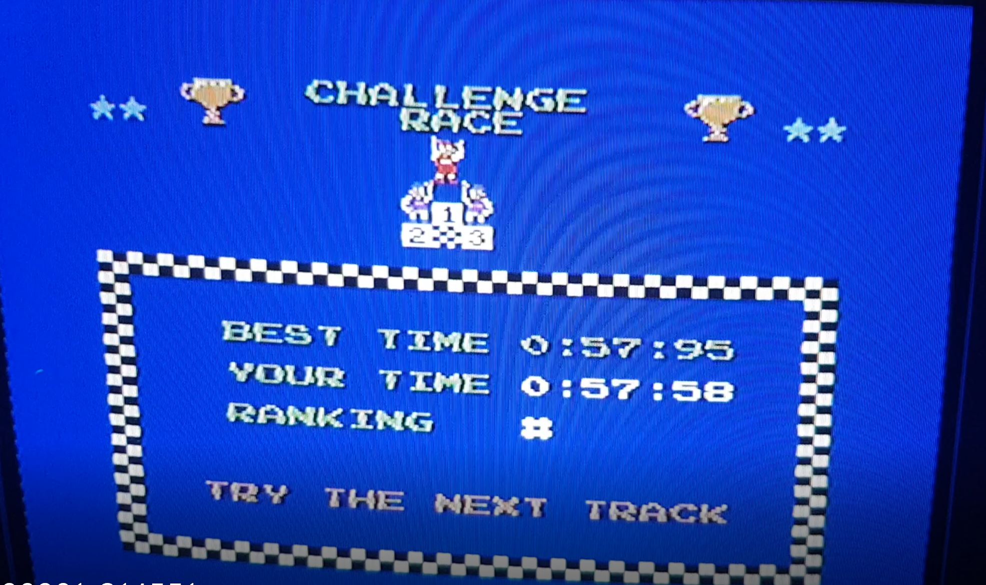 Excitebike: Track 1 time of 0:00:57.58