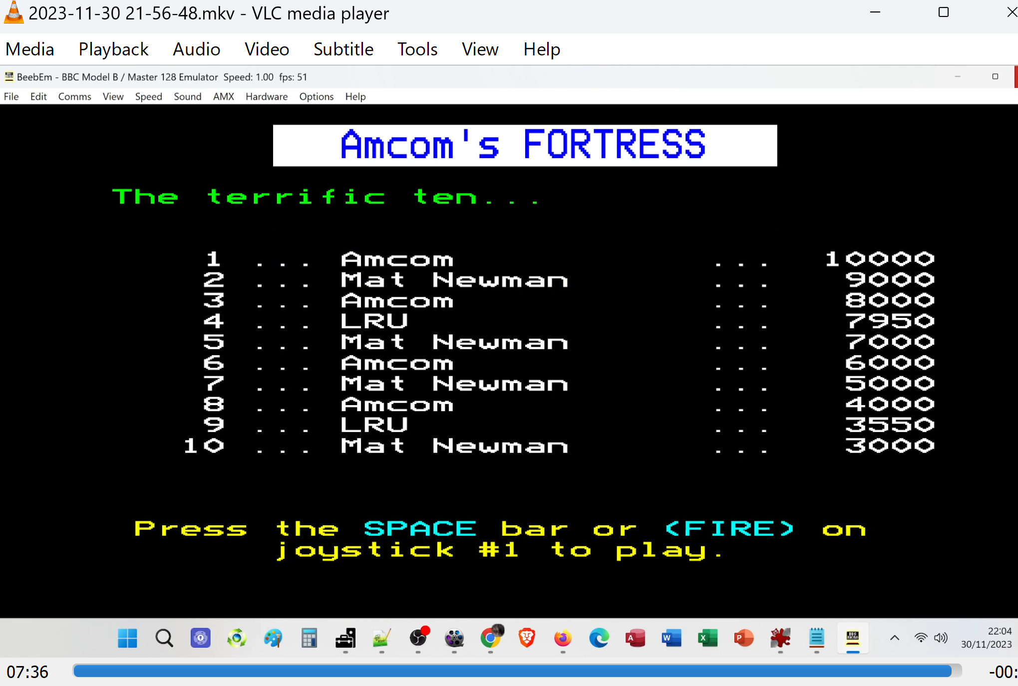 LuigiRuffolo: Fortress (BBC Micro Emulated) 7,950 points on 2023-11-30 15:03:18