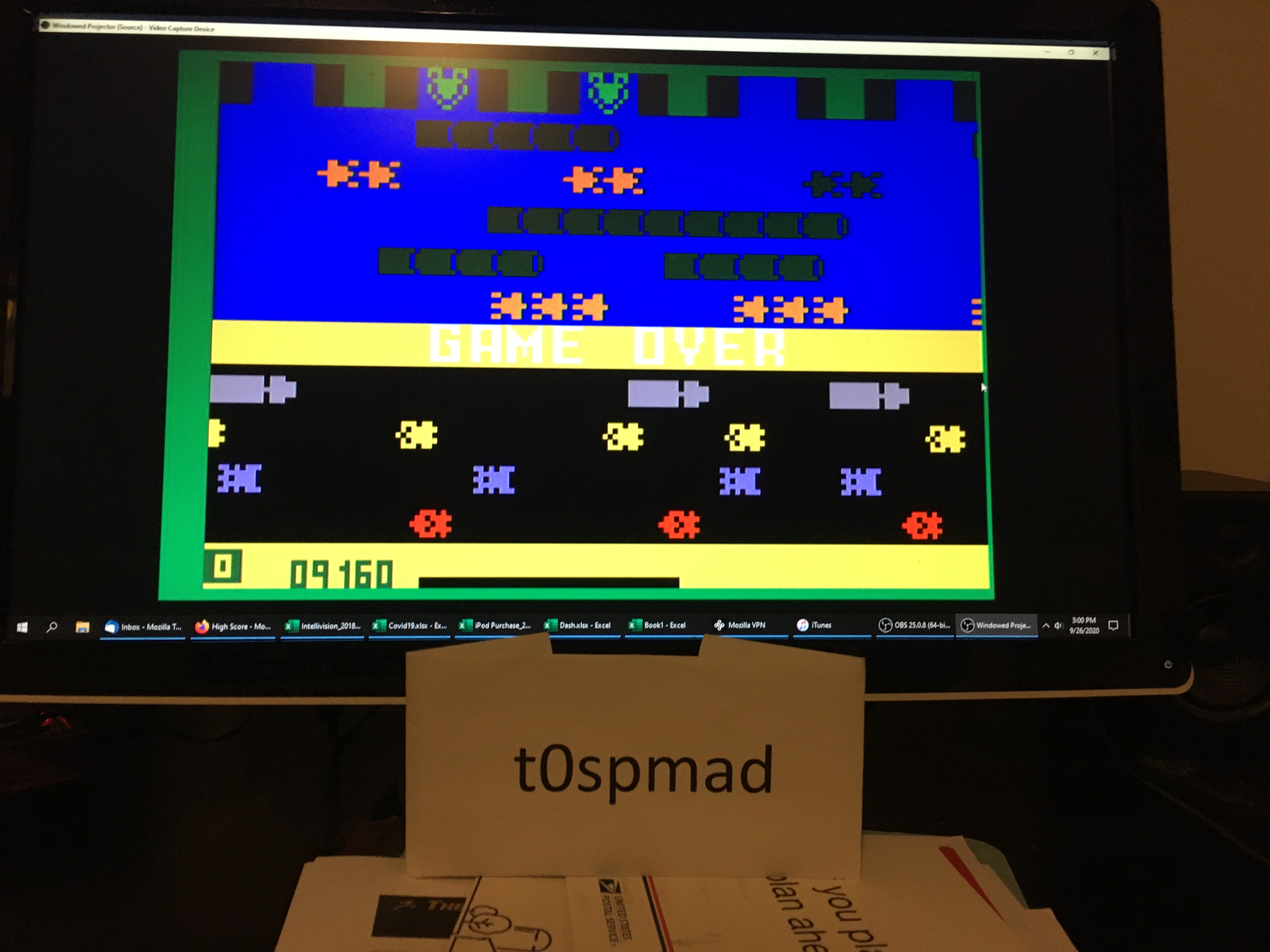 t0spmad: Frogger: Skill 3 (Intellivision Emulated) 9,160 points on 2020-09-26 14:08:58