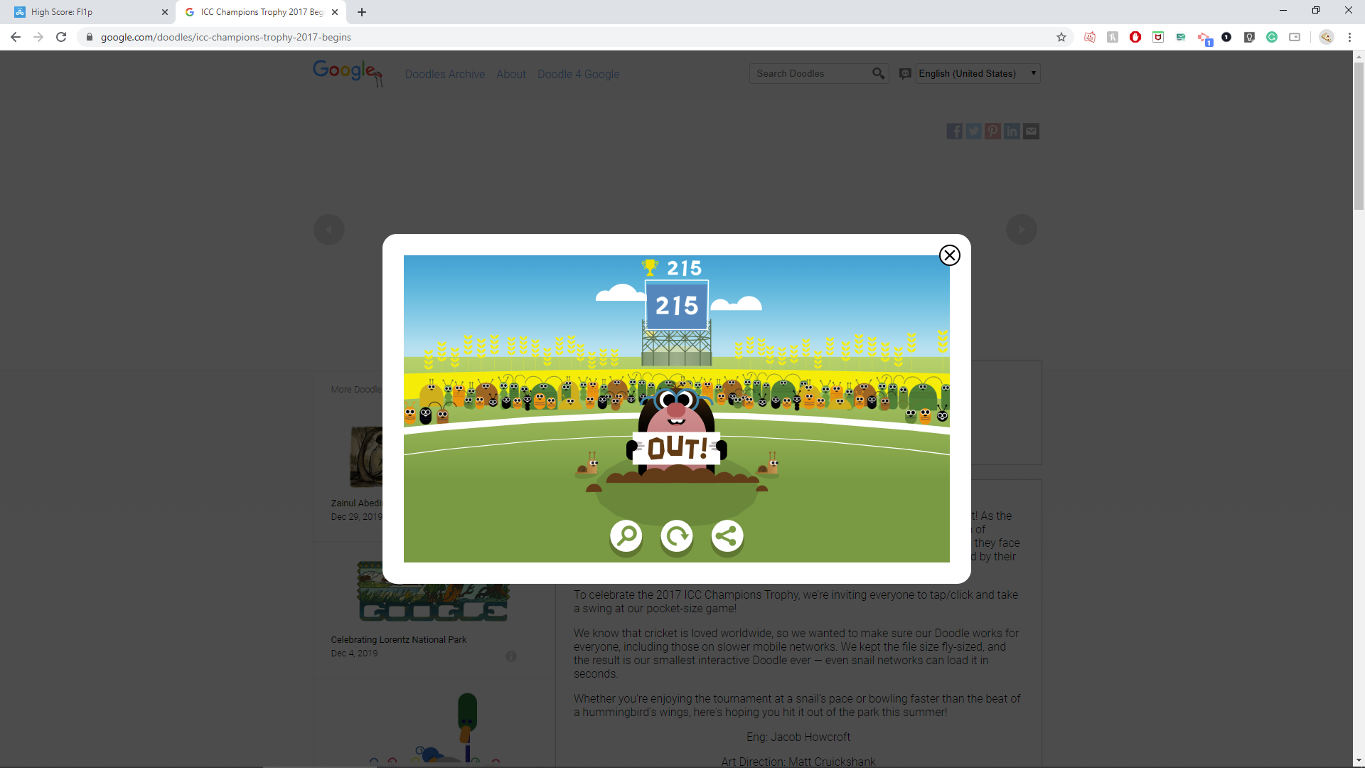 Google Doodle Cricket 215 points