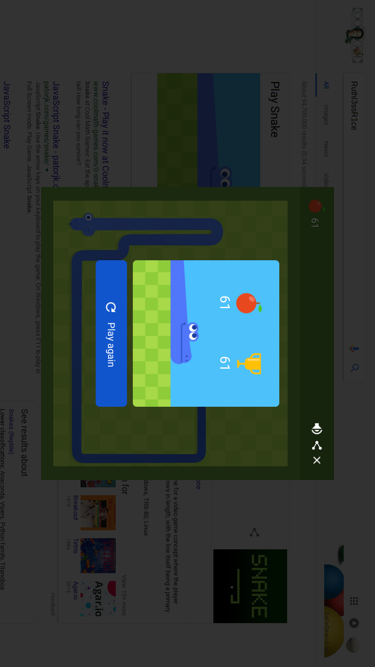 Google Snake Game, 135 Score 