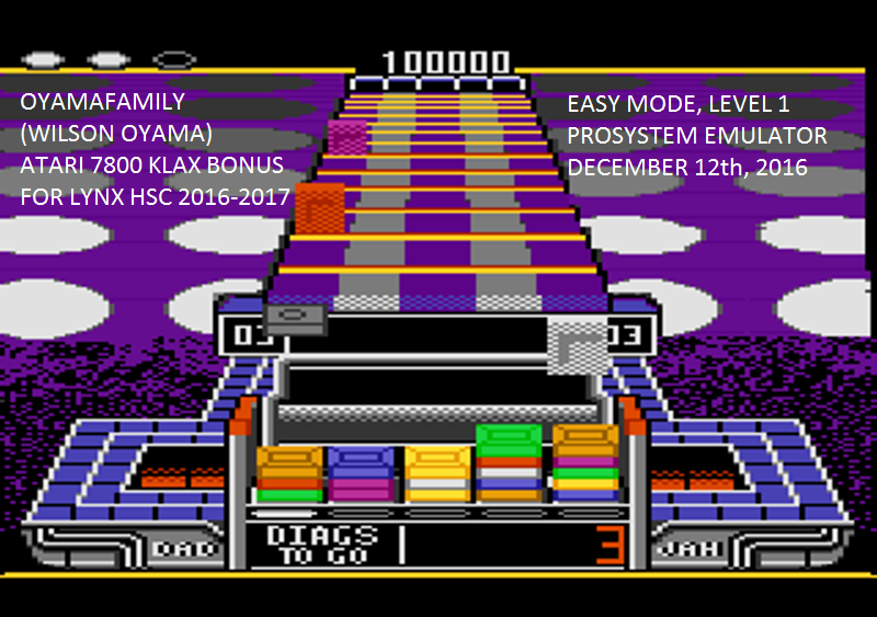 oyamafamily: Klax: Easy [Level 01 Start] (Atari 7800 Emulated) 100,000 points on 2016-12-16 17:02:40