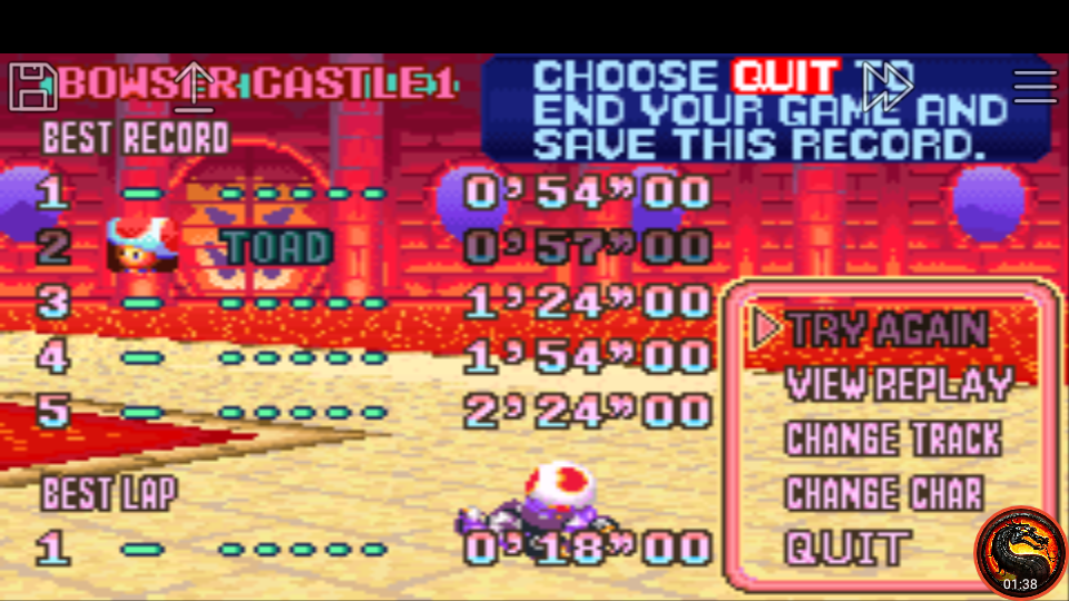 omargeddon: Mario Kart Super Circuit: Bowser Castle 1 [Time Trial] (GBA Emulated) 0:00:57 points on 2020-06-08 12:49:43