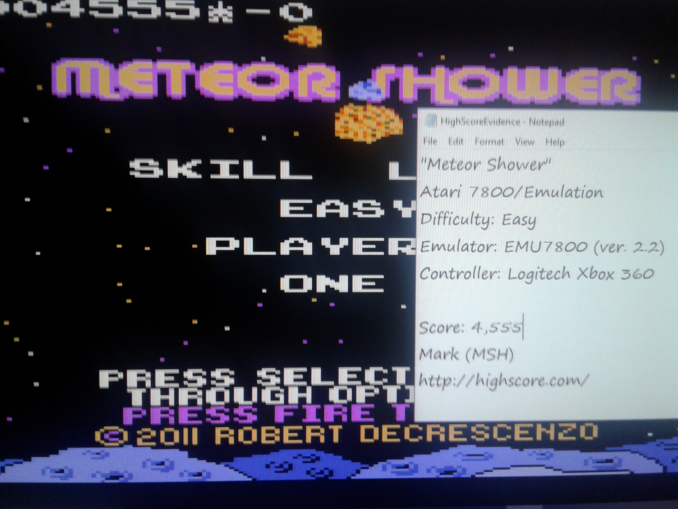 Mark: Meteor Shower: Easy (Atari 7800 Emulated) 4,555 points on 2019-02-23 01:11:09