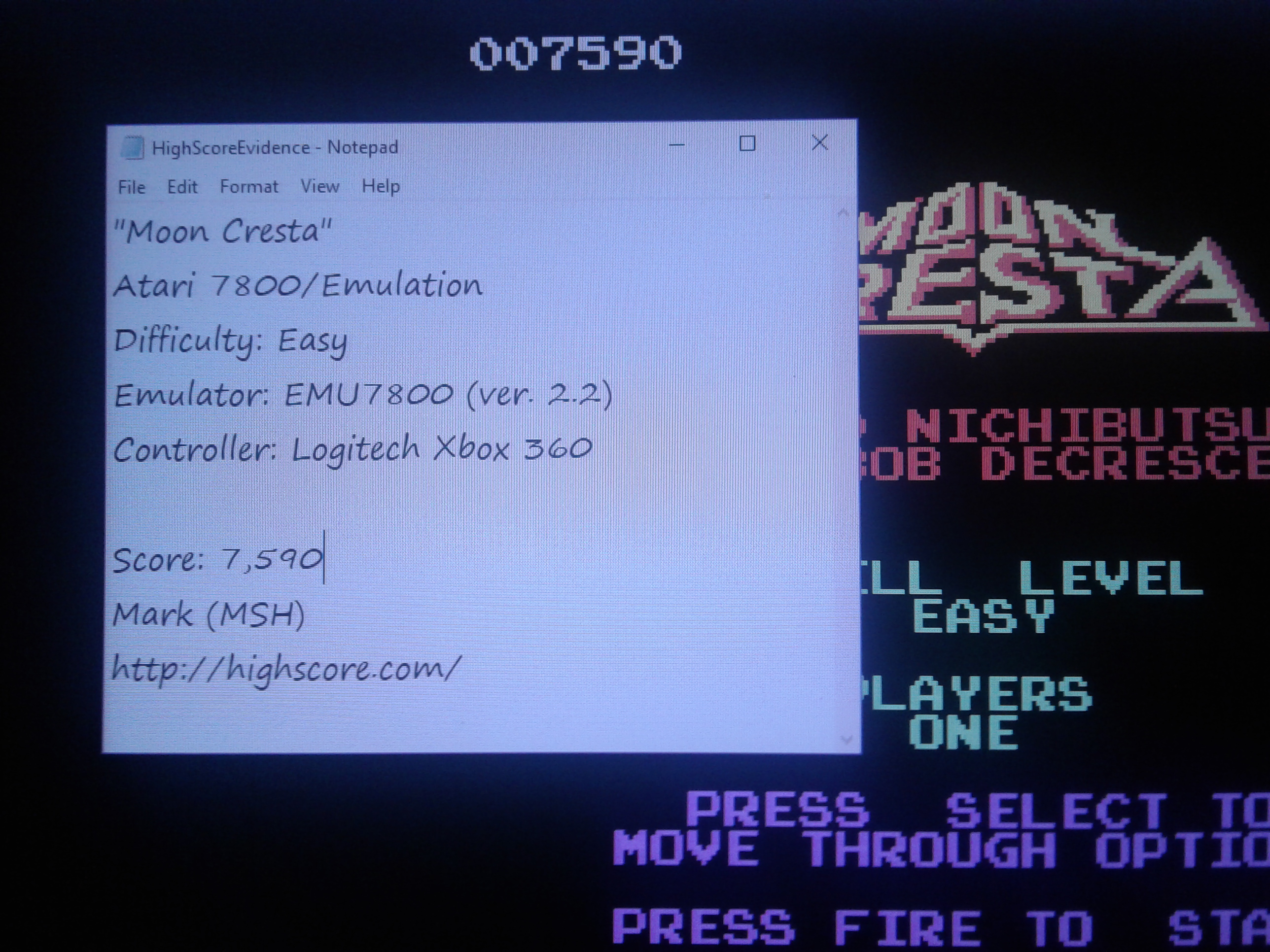 Mark: Moon Cresta: Easy (Atari 7800 Emulated) 7,590 points on 2019-02-23 01:03:44