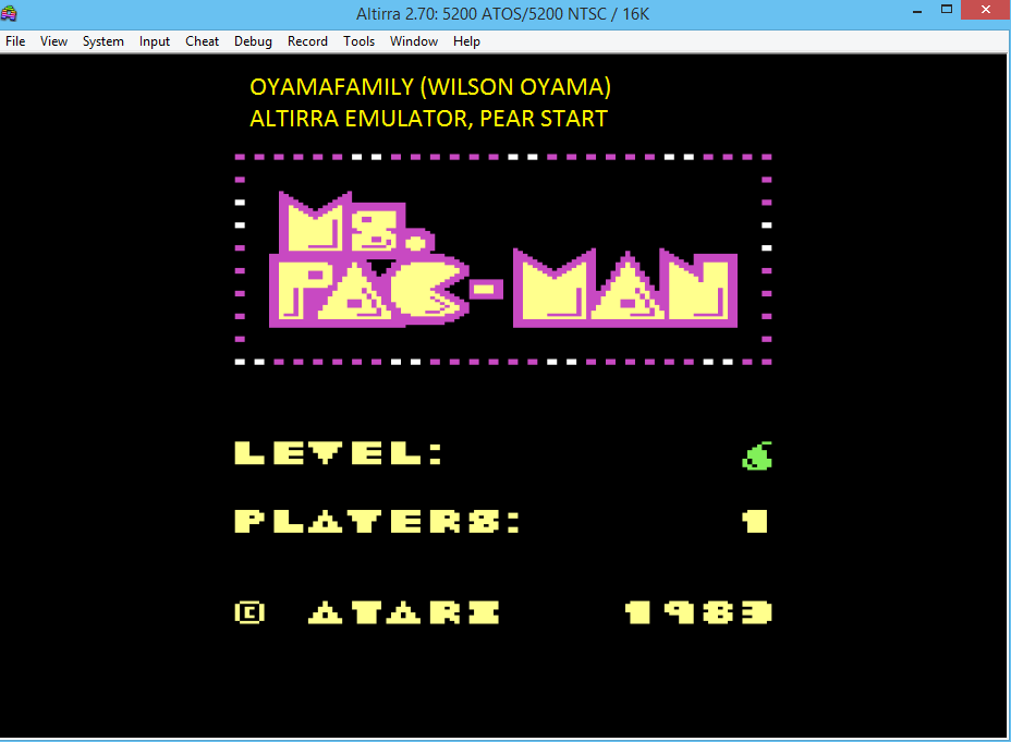 oyamafamily: Ms. Pac-Man [Pear Start] (Atari 5200 Emulated) 160,590 points on 2016-06-03 19:43:27