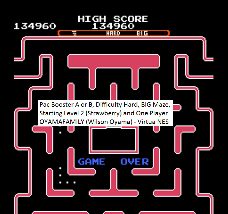 oyamafamily: Ms. Pac-Man [Tengen] [AorB/ Hard/ Big/ Level 2 Start] (NES/Famicom Emulated) 134,960 points on 2016-01-27 09:30:44