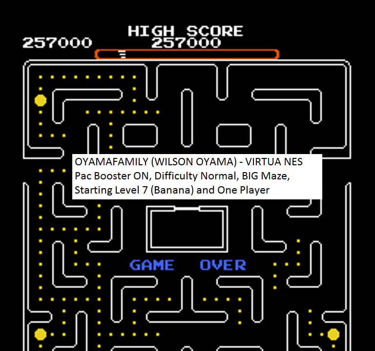 oyamafamily: Ms. Pac-Man [Tengen] [On/ Normal/ Arcade/ Level 7 Start] (NES/Famicom Emulated) 257,000 points on 2016-01-26 16:40:25