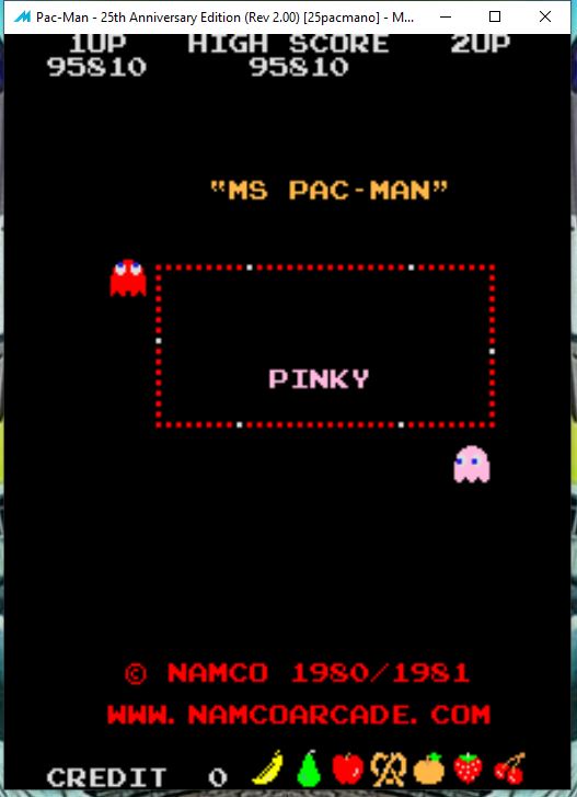 kernzy: Pac-Man 25th Anniversary Edition: Ms. Pac-Man [25pacman] (Arcade Emulated / M.A.M.E.) 95,810 points on 2023-01-26 19:28:46