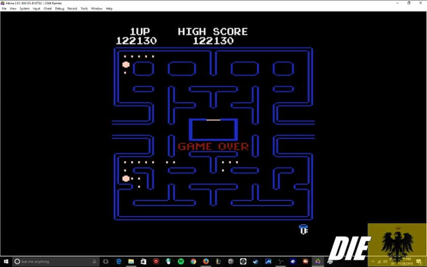 MikeDietrich: Pac-Man Arcade [Grenade Start] (Atari 400/800/XL/XE Emulated) 122,130 points on 2016-11-28 14:38:16