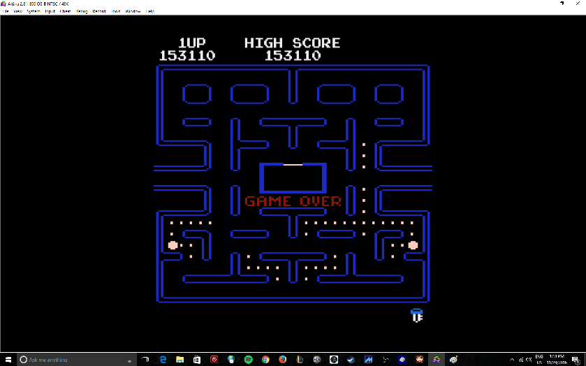 MikeDietrich: Pac-Man Arcade [Orange Start] (Atari 400/800/XL/XE Emulated) 153,110 points on 2016-11-24 12:26:02