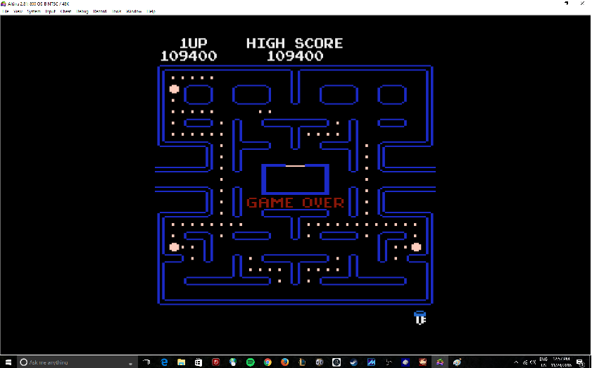 MikeDietrich: Pac-Man Arcade [Strawberry Start] (Atari 400/800/XL/XE Emulated) 109,400 points on 2016-11-24 12:19:46