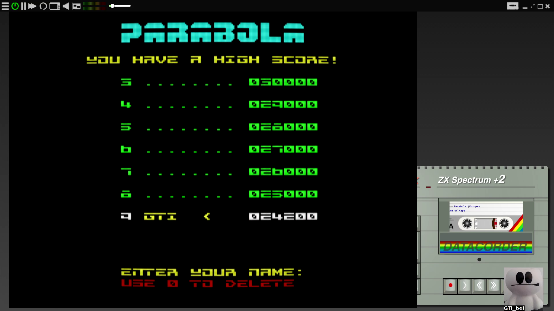 GTibel: Parabola [Medium] (ZX Spectrum Emulated) 24,200 points on 2020-07-27 12:11:50