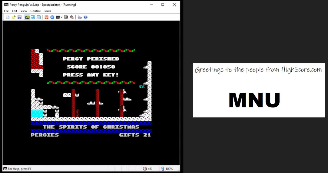 hughes10: Percy Penguin in the Present Palaver (ZX Spectrum Emulated) 1,050 points on 2020-04-23 17:45:49