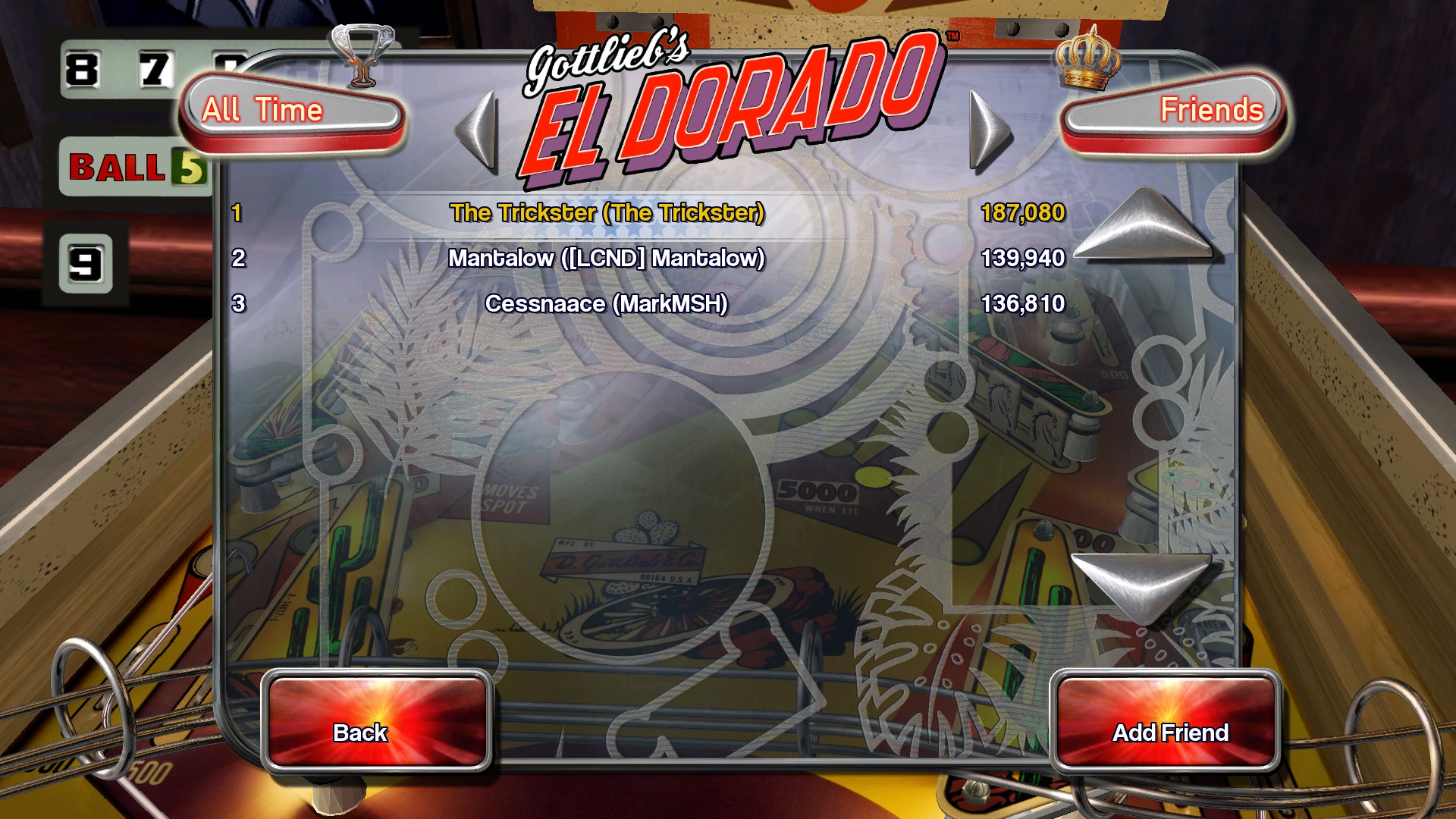 TheTrickster: Pinball Arcade: El Dorado (PC) 187,080 points on 2016-02-12 05:42:10