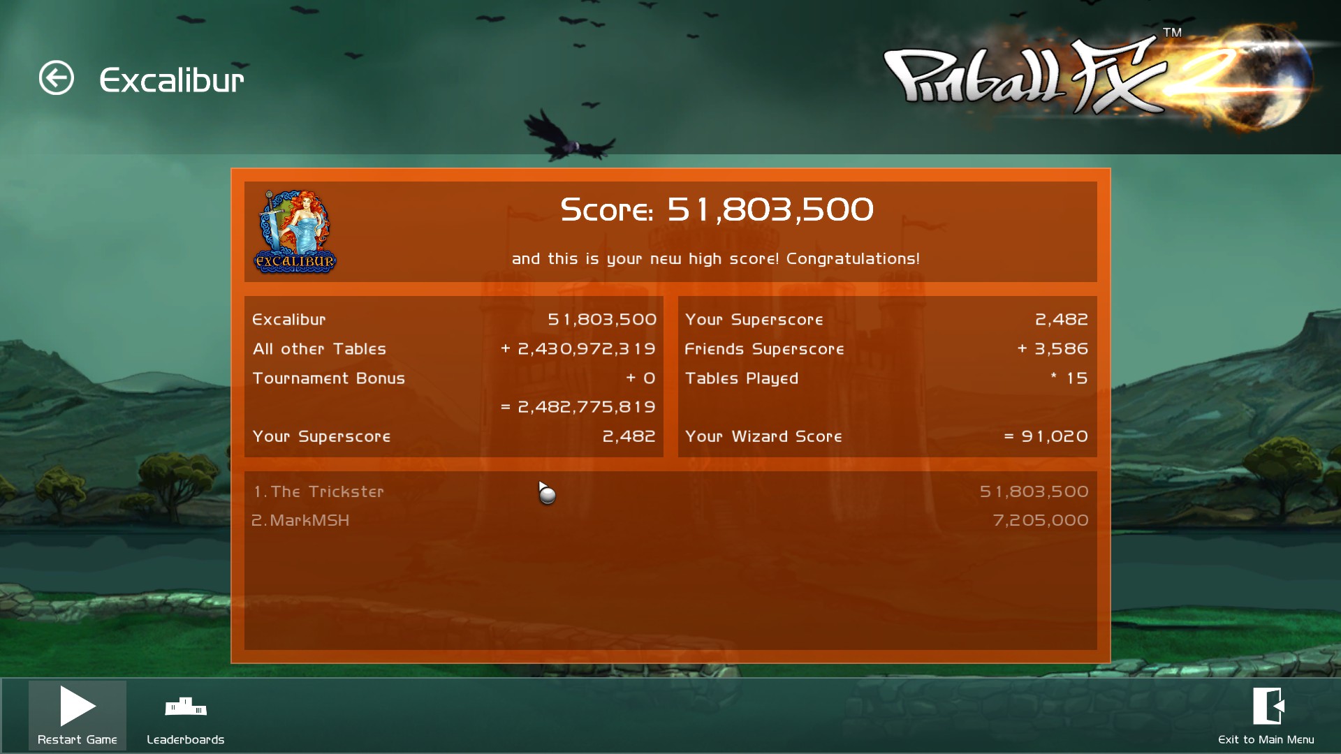 TheTrickster: Pinball FX 2: Excalibur (PC) 51,803,500 points on 2015-12-15 05:11:15