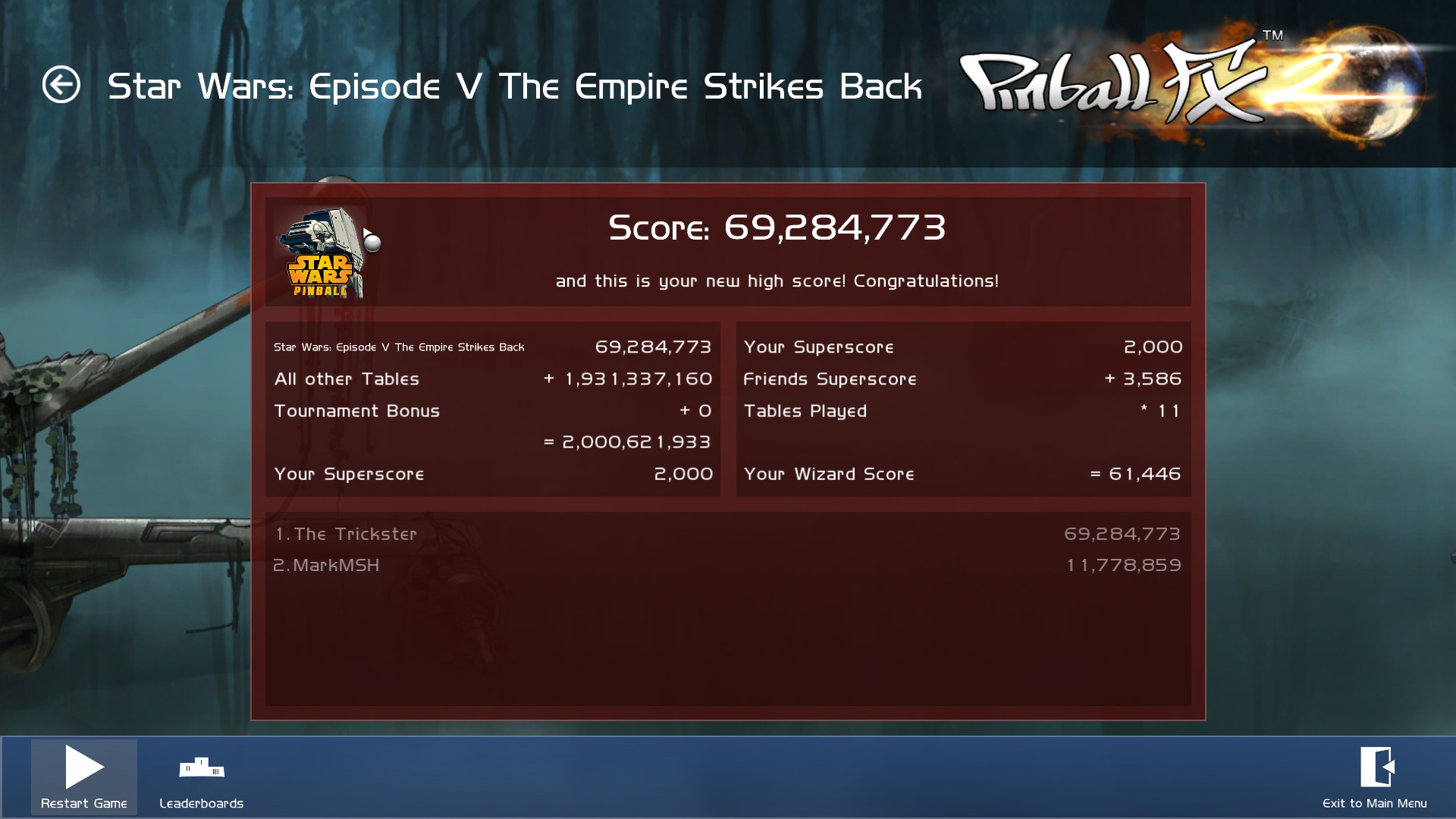 TheTrickster: Pinball FX 2: Star Wars: Episode V: The Empire Strikes Back (PC) 69,284,773 points on 2015-12-12 03:00:46