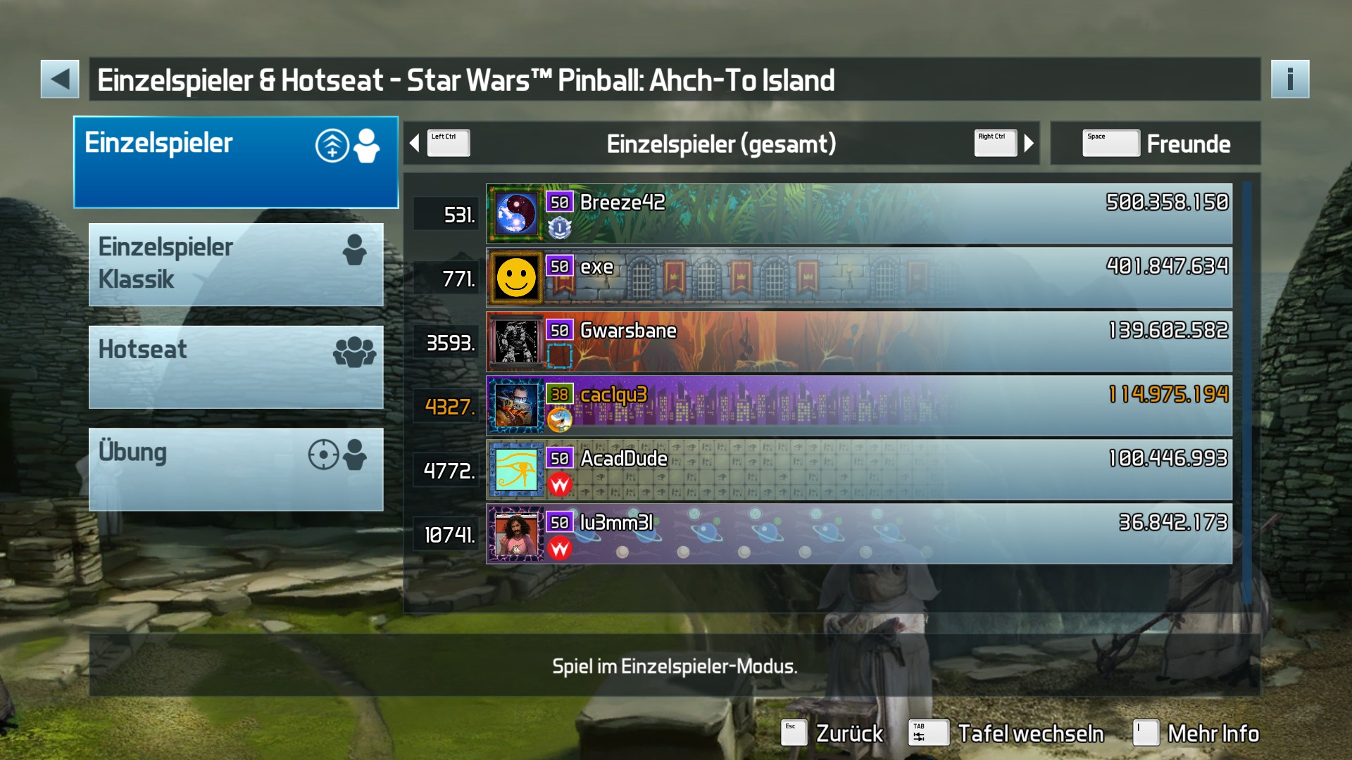 e2e4: Pinball FX3: Star Wars Pinball: Ahch-To Island (PC) 114,975,194 points on 2022-05-11 14:57:52