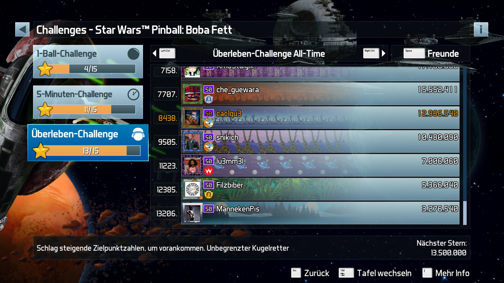 e2e4: Pinball FX3: Star Wars Pinball: Boba Fett [Survivor] (PC) 12,966,540 points on 2022-06-21 00:12:23