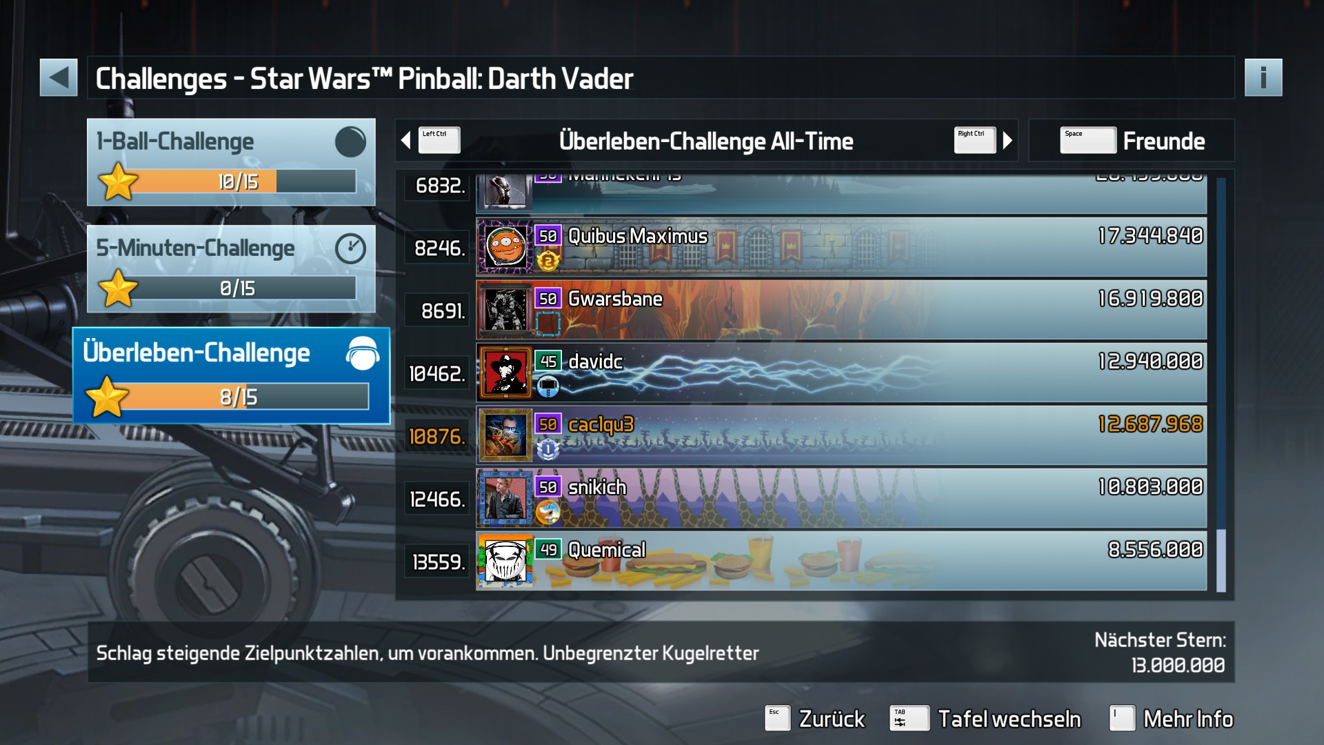 e2e4: Pinball FX3: Star Wars Pinball: Darth Vader [Survivor] (PC) 12,687,968 points on 2022-09-18 08:52:56