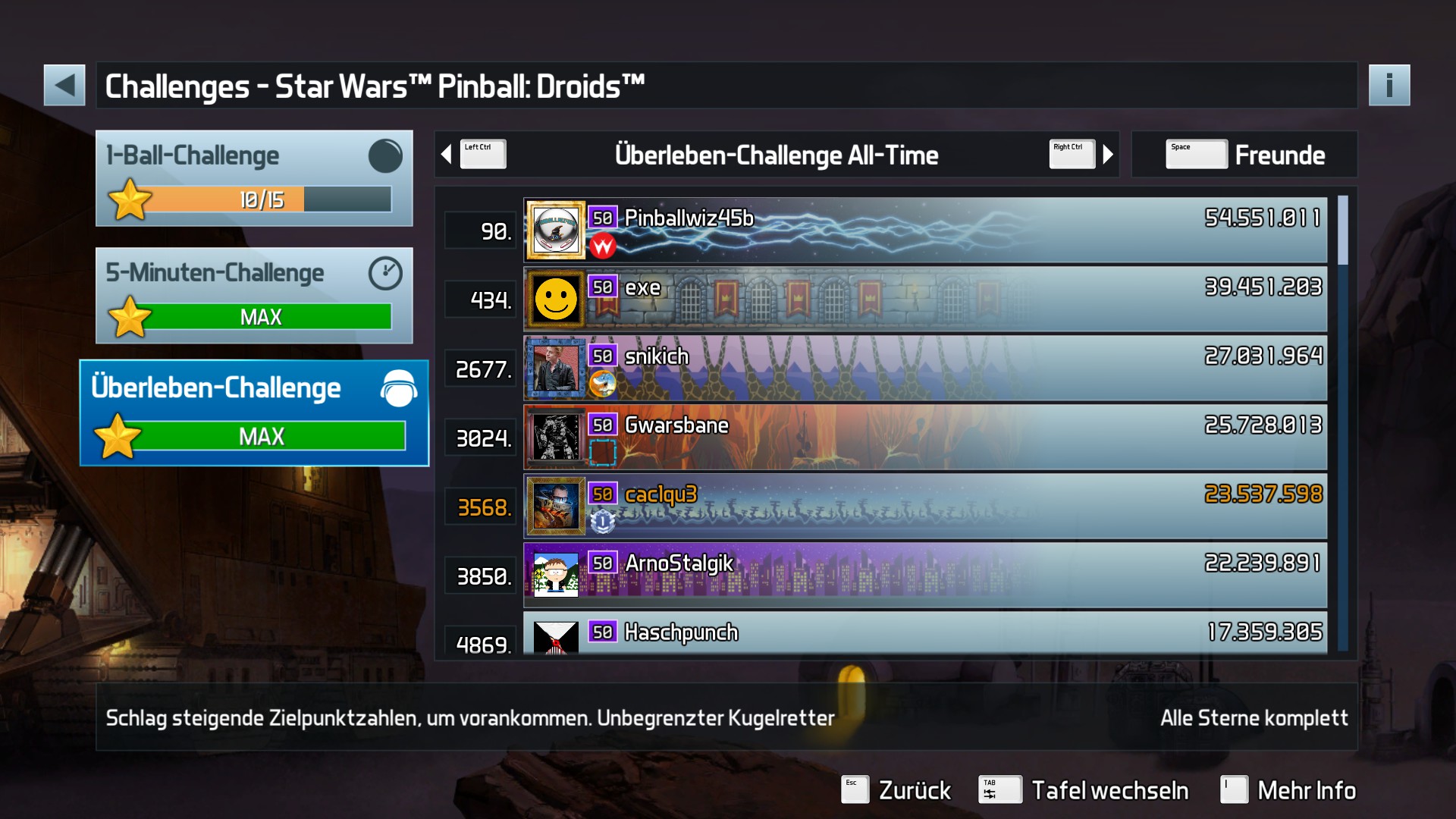 e2e4: Pinball FX3: Star Wars Pinball: Droids [Survivor] (PC) 23,537,598 points on 2022-09-27 00:43:12