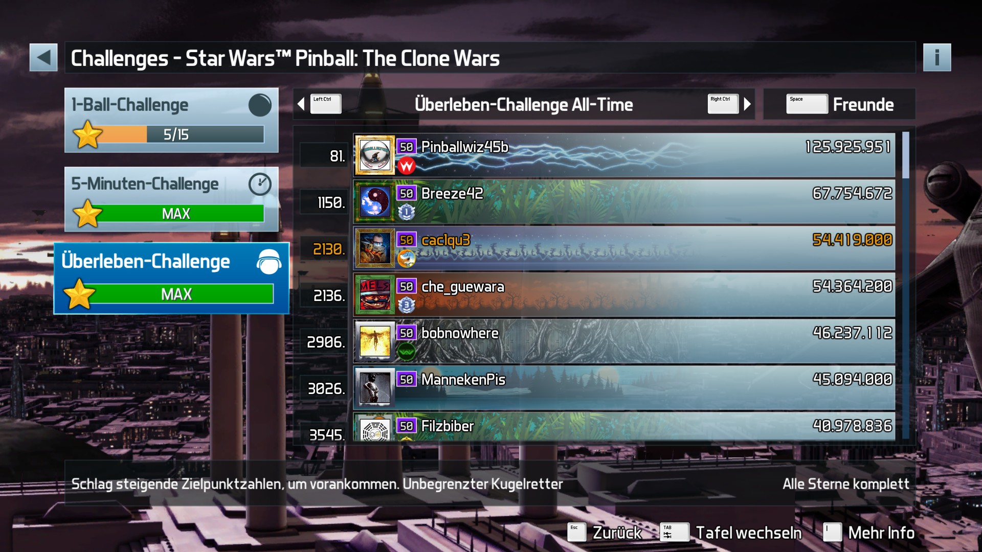 e2e4: Pinball FX3: Star Wars Pinball: The Clone Wars [Survivor] (PC) 54,419,000 points on 2022-06-22 16:15:38