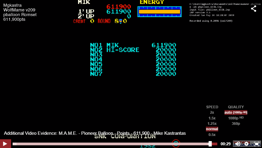 mgkastra: Pioneer Balloon [pballoon] (Arcade Emulated / M.A.M.E.) 611,900 points on 2019-06-13 09:24:26