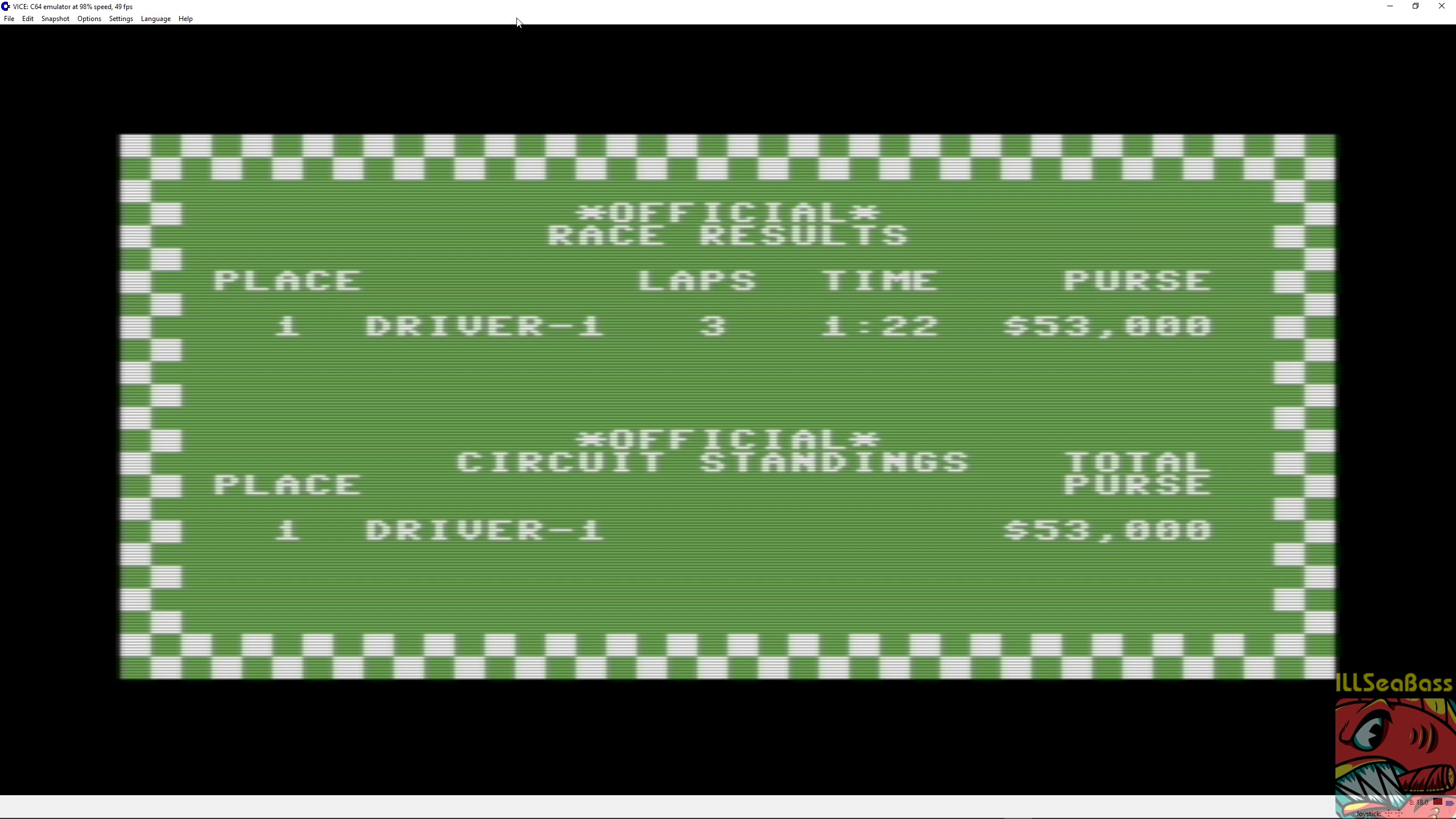 ILLSeaBass: Pitstop: Le-Mans [3 Laps] (Commodore 64 Emulated) 0:01:22 points on 2018-05-06 07:38:44