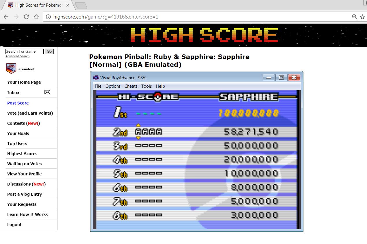 arenafoot: Pokemon Pinball: Ruby & Sapphire: Sapphire [Normal] (GBA Emulated) 58,271,540 points on 2017-03-26 00:45:04