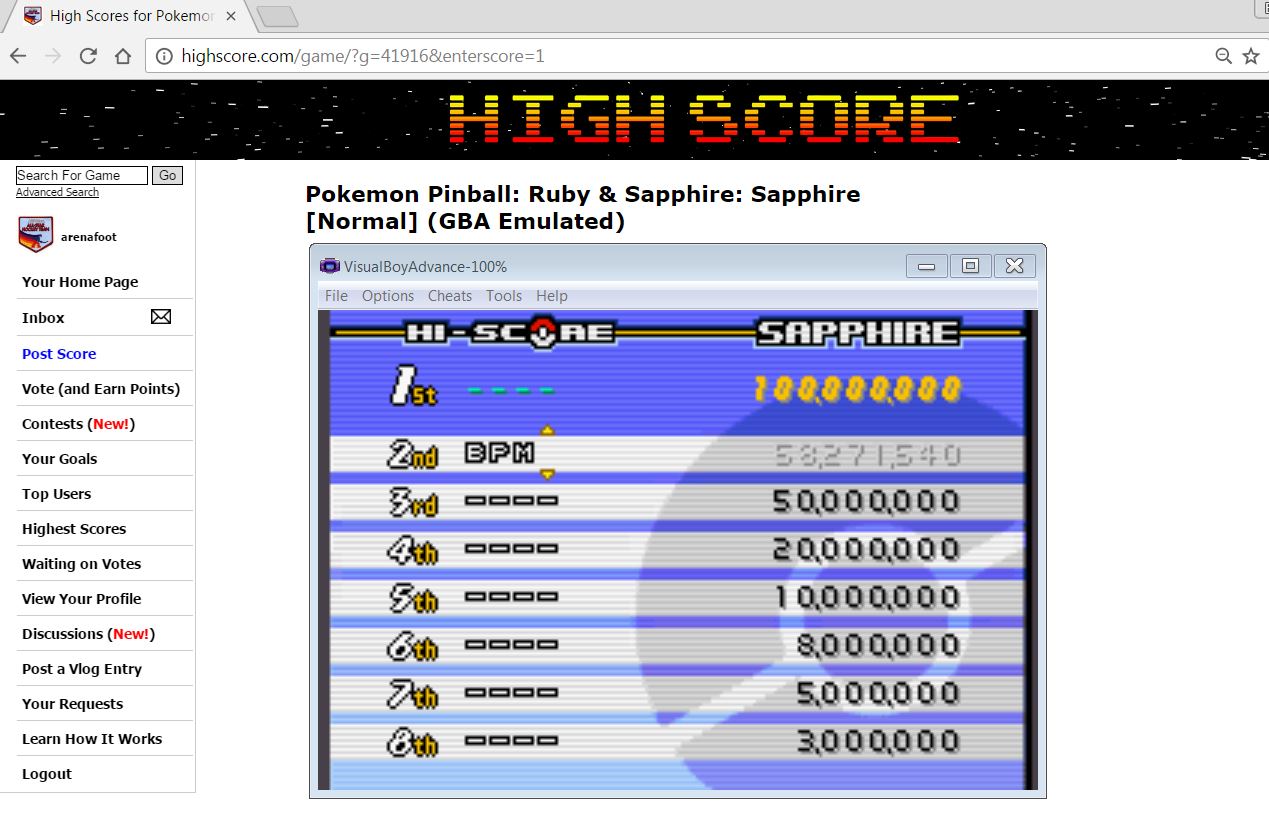 arenafoot: Pokemon Pinball: Ruby & Sapphire: Sapphire [Normal] (GBA Emulated) 58,271,540 points on 2017-03-26 00:45:04