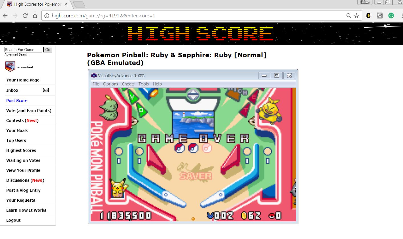 arenafoot: Pokemon Pinball: Ruby & Sapphire: Ruby [Normal] (GBA Emulated) 11,835,500 points on 2017-03-30 16:42:31