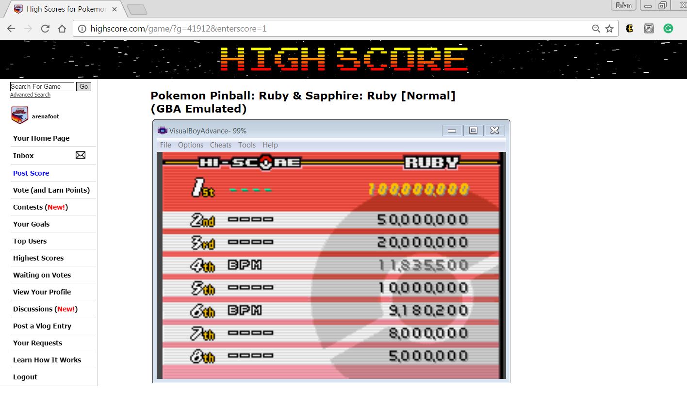 arenafoot: Pokemon Pinball: Ruby & Sapphire: Ruby [Normal] (GBA Emulated) 11,835,500 points on 2017-03-30 16:42:31
