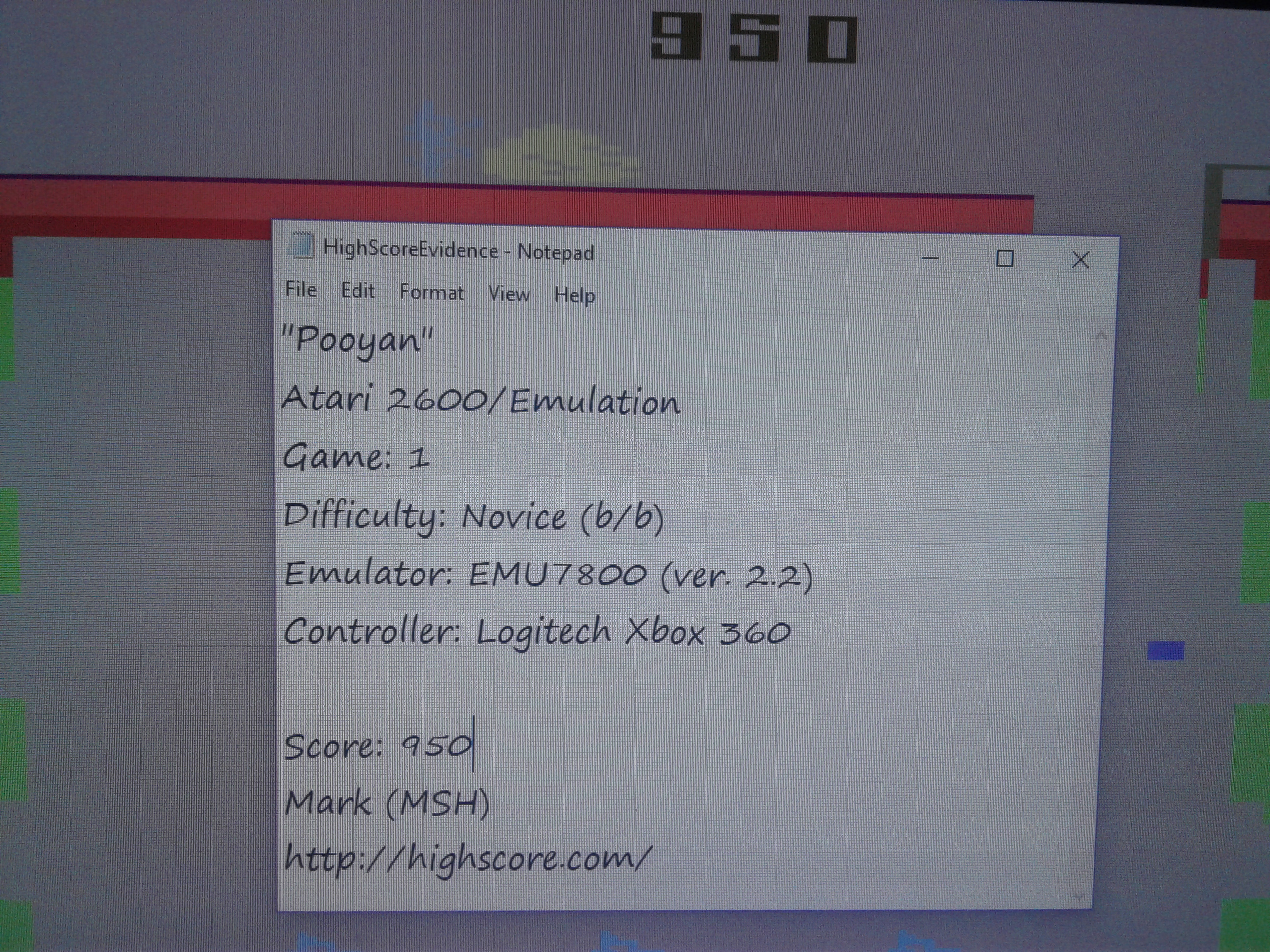 Mark: Pooyan (Atari 2600 Emulated Novice/B Mode) 950 points on 2019-02-15 00:56:50